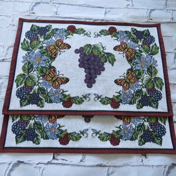 Set of 2 Vintage Tapestry Placemats With Grapes, Flowers & Butterflies - Picture 1 of 5